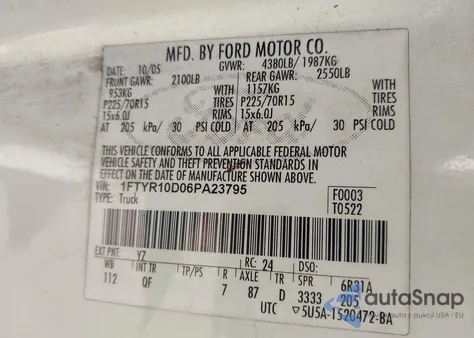 2006 Ford Ranger Xl/Xlt from USA, damaged, VIN 1FTYR10D06PA23795